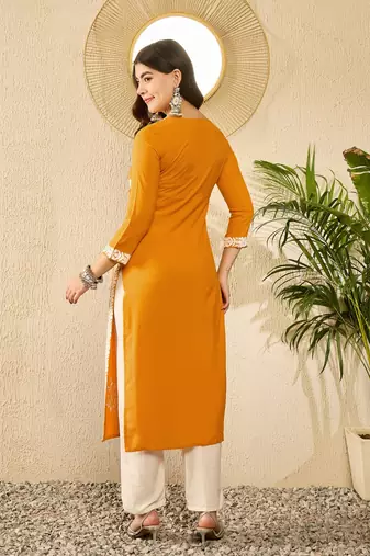 women yellow viscose rayon solid embroidered straight kurta