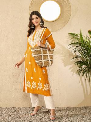 women yellow viscose rayon solid embroidered straight kurta 5