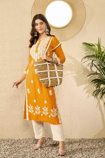 women yellow viscose rayon solid embroidered straight kurta