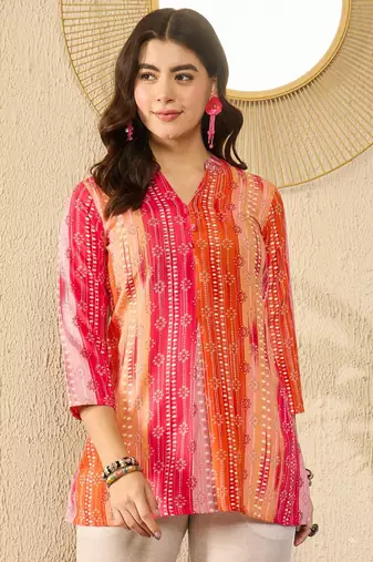orange rayon blend floral printed regular top