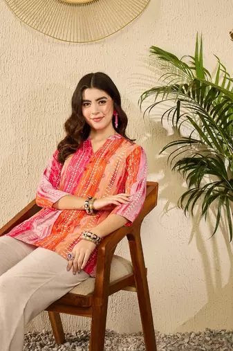 orange rayon blend floral printed regular top