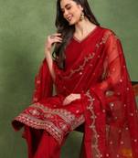 women maroon silk blend solid embroidered straight kurta palazzo and dupatta