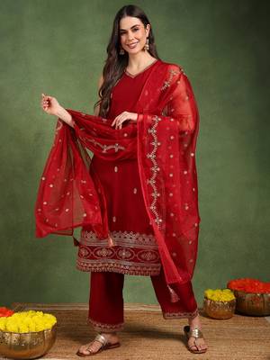 women maroon silk blend solid embroidered straight kurta palazzo and dupatta 2