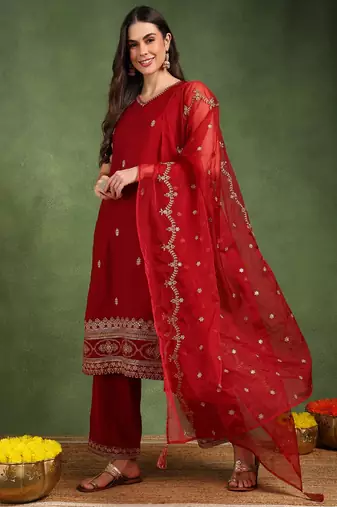 women maroon silk blend solid embroidered straight kurta palazzo and dupatta