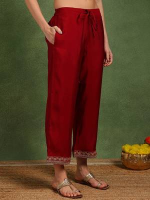 women maroon silk blend solid embroidered straight kurta palazzo and dupatta 4