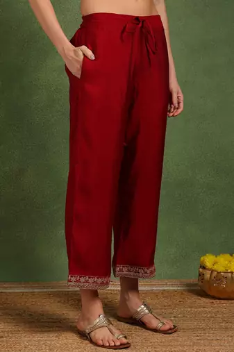 women maroon silk blend solid embroidered straight kurta palazzo and dupatta