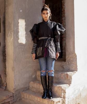 Black handblocked wrap jacket 1