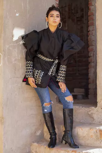 Black handblocked wrap jacket
