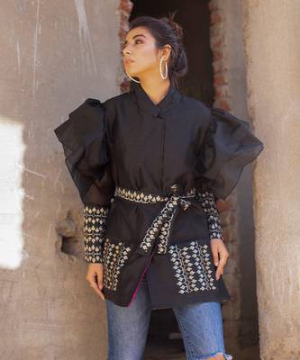 Black handblocked wrap jacket 3