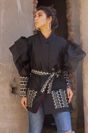 Black handblocked wrap jacket