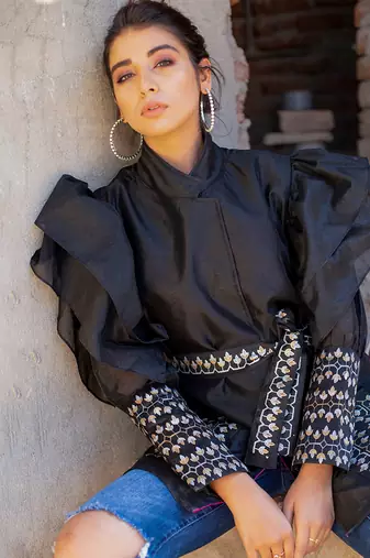 Black handblocked wrap jacket