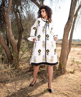 Beige Monochrome silk handblocked coat / dress 2