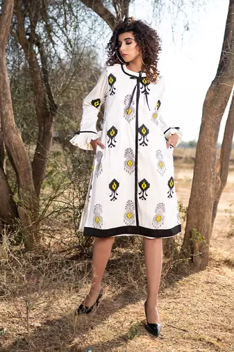 Beige Monochrome silk handblocked coat / dress