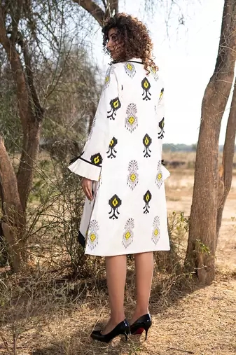 Beige Monochrome silk handblocked coat / dress
