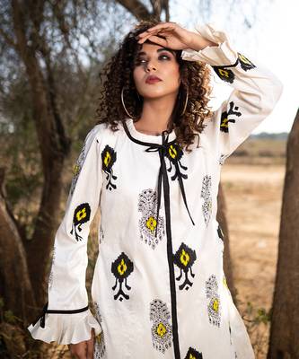 Beige Monochrome silk handblocked coat / dress 4