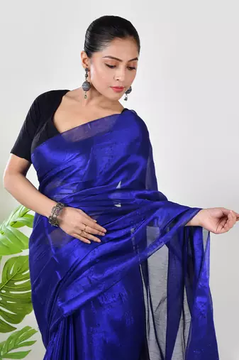 Aakar ink blue handloom tissue saree with unstitched blouse piece