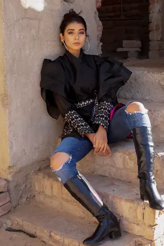 Black handblocked wrap jacket