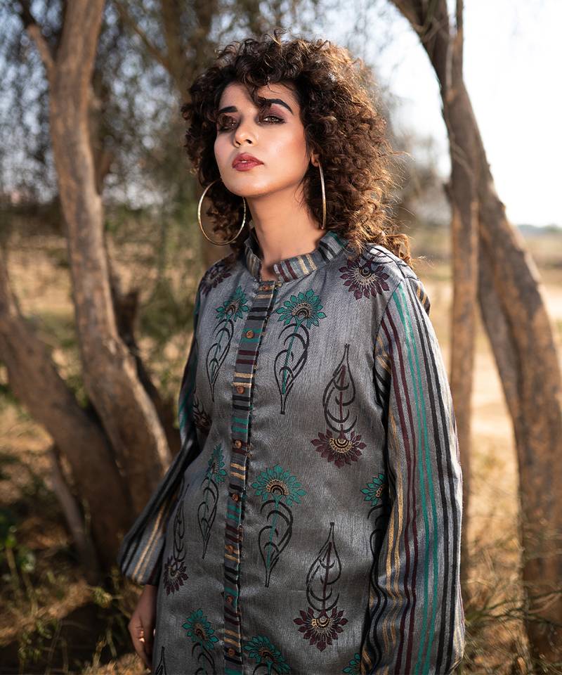 Grey silk hand blocked jacket / dress