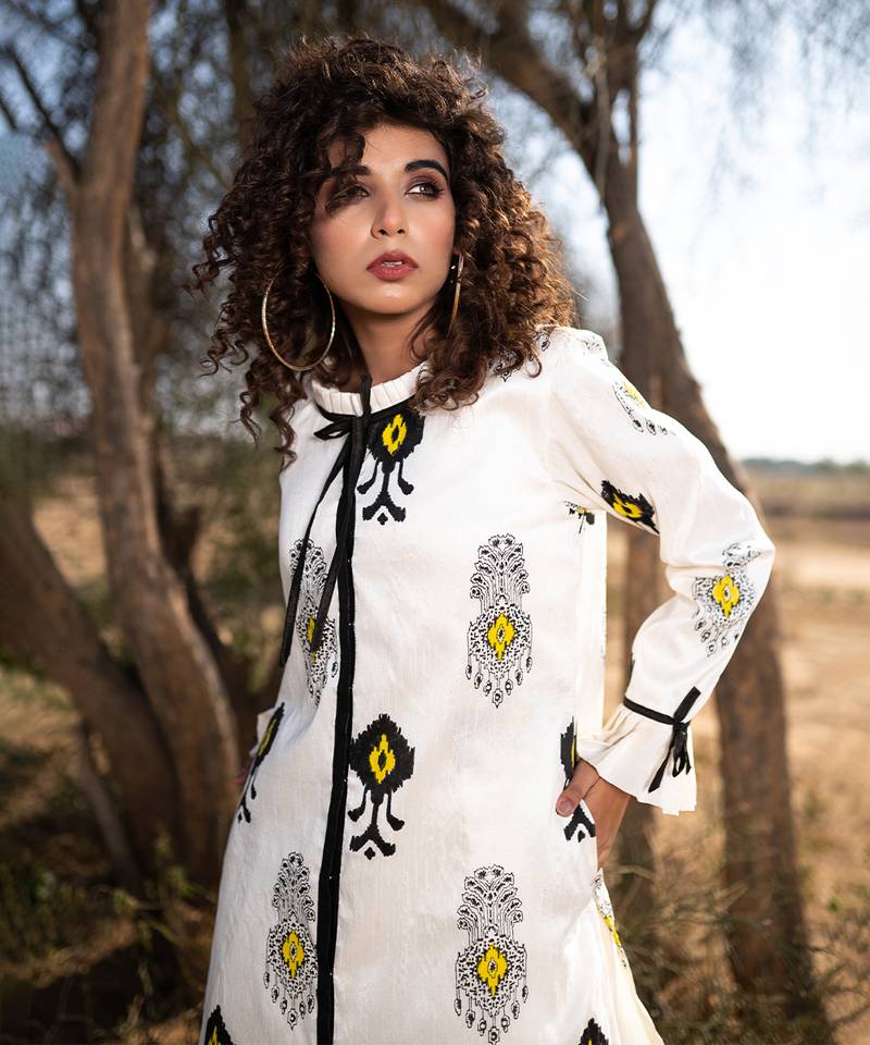 Beige Monochrome silk handblocked coat / dress