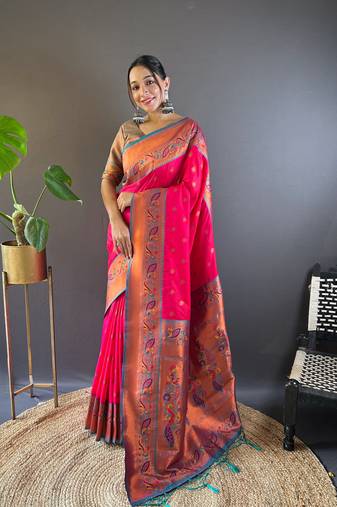Pink zari woven paithani silk women's saree with blouse piece
