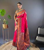 Pink zari woven paithani silk women's saree with blouse piece