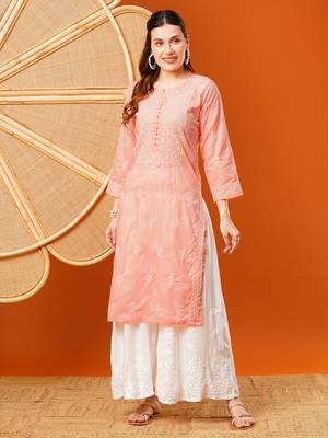 Hand Embroidered Peach Cotton Lucknowi Chikankari Straight Kurta  1