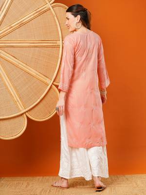 Hand Embroidered Peach Cotton Lucknowi Chikankari Straight Kurta  2