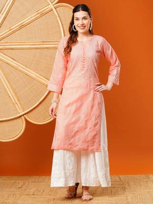 Hand Embroidered Peach Cotton Lucknowi Chikankari Straight Kurta  3
