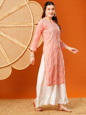 Hand Embroidered Peach Cotton Lucknowi Chikankari Straight Kurta  4