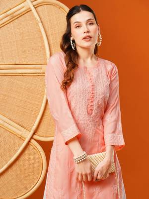 Hand Embroidered Peach Cotton Lucknowi Chikankari Straight Kurta  5