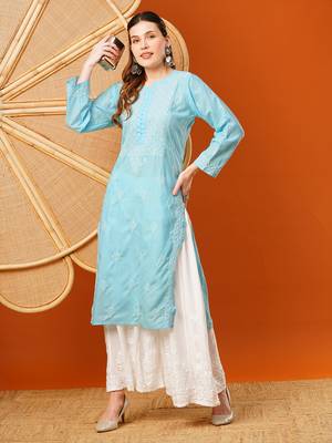 Hand Embroidered Sky Blue Cotton Lucknowi Chikankari Straight Kurta  1