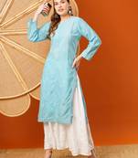 Hand Embroidered Sky Blue Cotton Lucknowi Chikankari Straight Kurta 