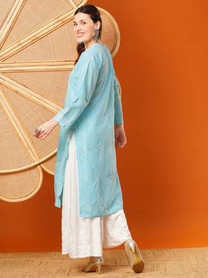 Hand Embroidered Sky Blue Cotton Lucknowi Chikankari Straight Kurta  2