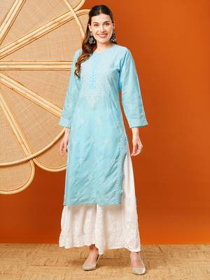Hand Embroidered Sky Blue Cotton Lucknowi Chikankari Straight Kurta  3