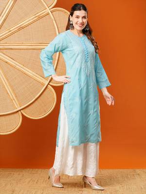 Hand Embroidered Sky Blue Cotton Lucknowi Chikankari Straight Kurta  4