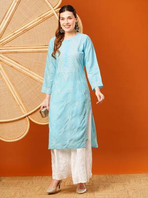 Hand Embroidered Sky Blue Cotton Lucknowi Chikankari Straight Kurta  5