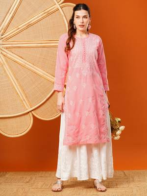 Hand Embroidered Salmon Peach Cotton Lucknowi Chikankari Straight Kurta  1