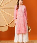 Hand Embroidered Salmon Peach Cotton Lucknowi Chikankari Straight Kurta 