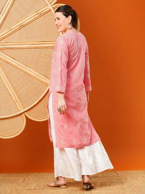 Hand Embroidered Salmon Peach Cotton Lucknowi Chikankari Straight Kurta  2