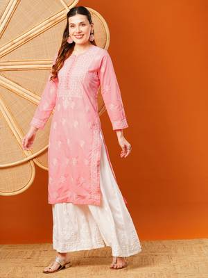Hand Embroidered Salmon Peach Cotton Lucknowi Chikankari Straight Kurta  3