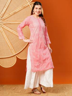 Hand Embroidered Salmon Peach Cotton Lucknowi Chikankari Straight Kurta  4