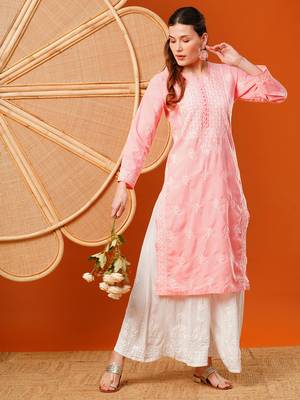 Hand Embroidered Salmon Peach Cotton Lucknowi Chikankari Straight Kurta  5