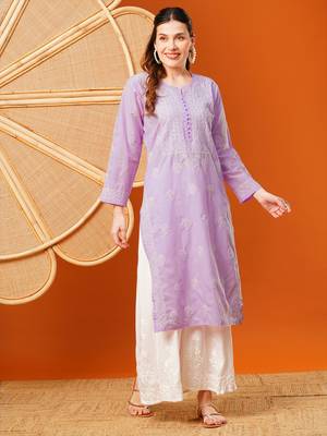 Hand Embroidered Lavender Cotton Lucknowi Chikankari Straight Kurta  1