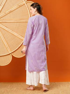 Hand Embroidered Lavender Cotton Lucknowi Chikankari Straight Kurta  2