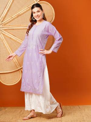 Hand Embroidered Lavender Cotton Lucknowi Chikankari Straight Kurta  4