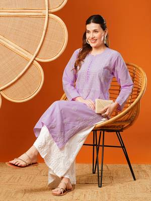 Hand Embroidered Lavender Cotton Lucknowi Chikankari Straight Kurta  5