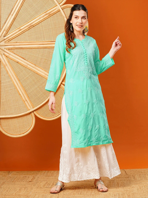 Hand Embroidered Sea Green Cotton Lucknowi Chikankari Straight Kurta  1