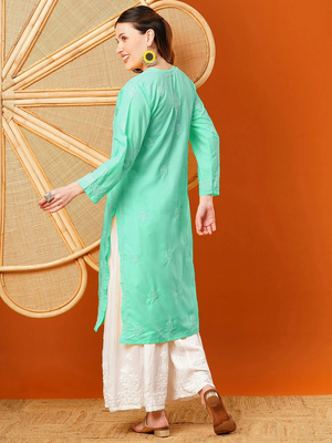 Hand Embroidered Sea Green Cotton Lucknowi Chikankari Straight Kurta  2