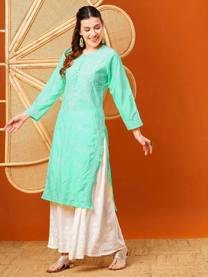 Hand Embroidered Sea Green Cotton Lucknowi Chikankari Straight Kurta  3