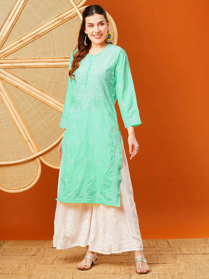 Hand Embroidered Sea Green Cotton Lucknowi Chikankari Straight Kurta  4